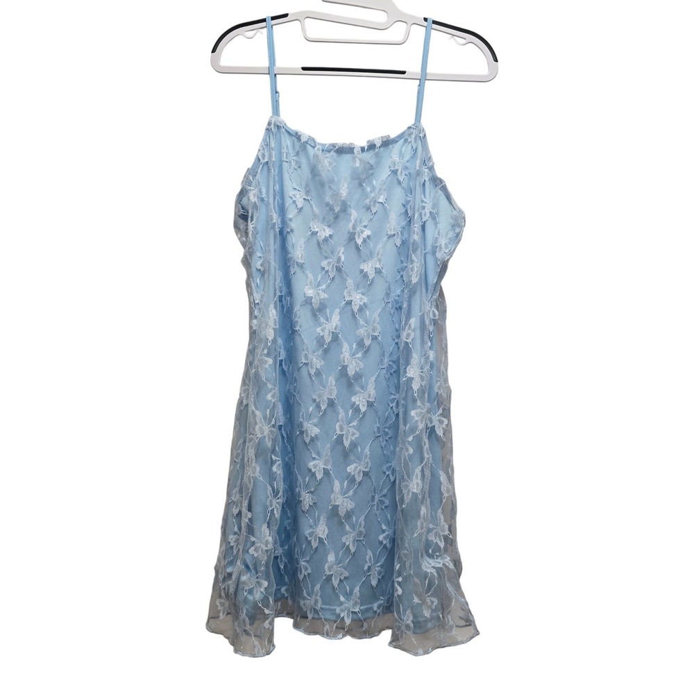 Light Blue Butterfly Lace Mini Slip Ethereal Romantic Babydoll Y2K Dress Sz M/L